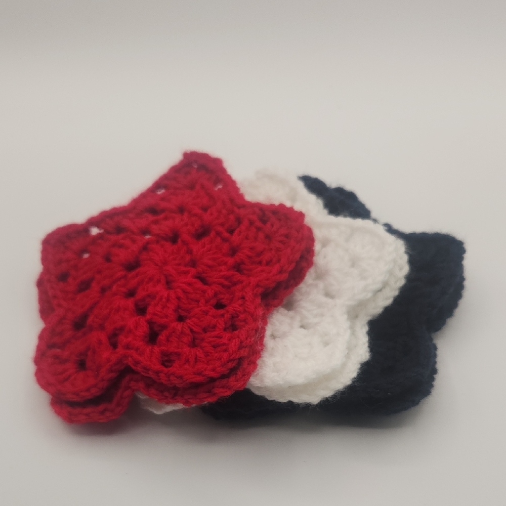 Handmade Crochet Star Coasters Set (6) in Red, White, and Navy Blue Granny Star